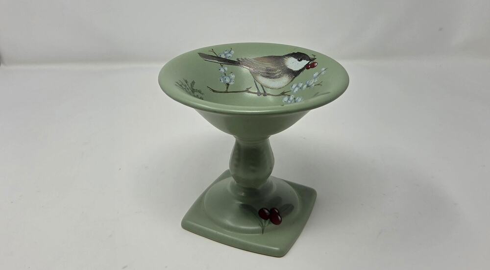 Pfaltzgraff Winterwood Green Pedestal Bowl | Vintage Chickadee Bird | Candy Dish